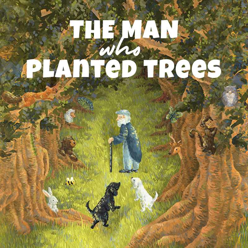 The-Man-Who-Planted-Tree-种树老人-An old man, with white bread, in a grey coat holding onto a stick standing in the middle of a forest, surround by cute animals - deer, monkey, bear, dogs, rabbit, sheep, bee, butterfly owl, peacock